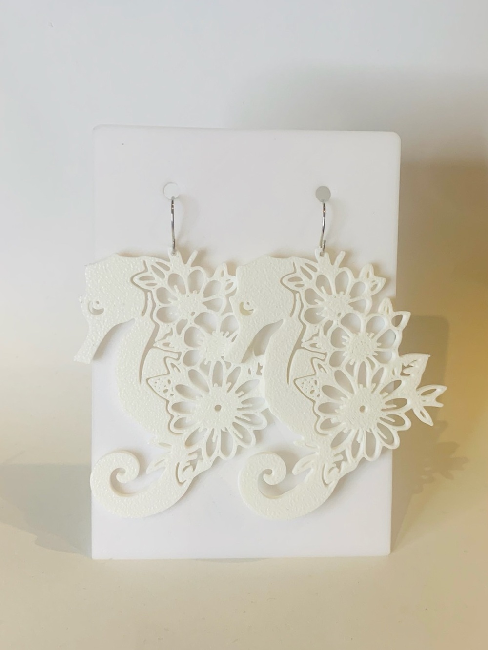 White Floral Seahorse Drop Earrings - Women Jewelry